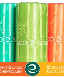 ECO SOUL 100% bambus kjøkkenpapir sett med enorme 12 ruller med 1800 ark.