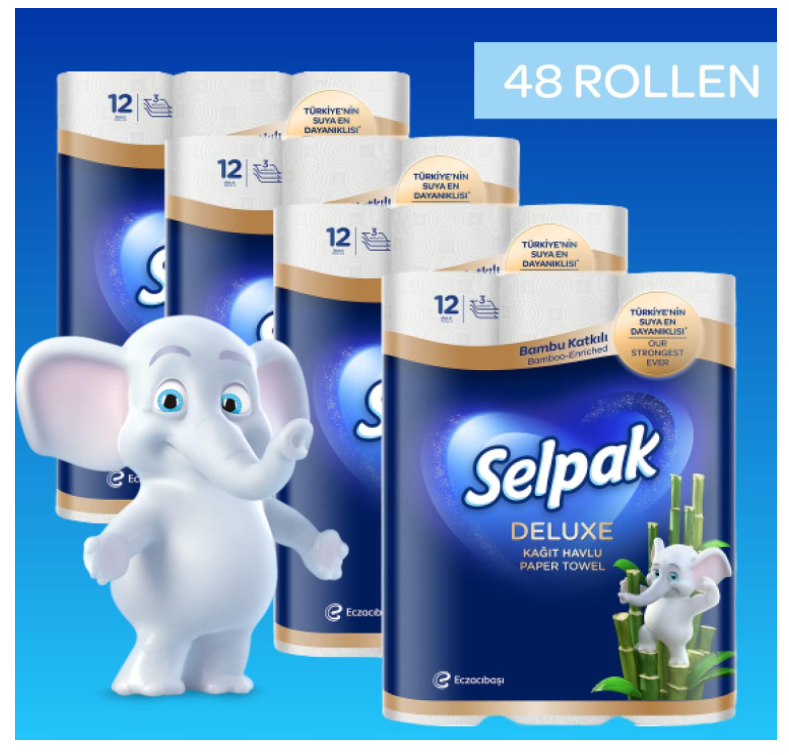Deluxe køkkenrulle 3-lags med 48 ruller og total 3600 ark fugtbestandige papirhåndklæder