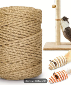 Kraftig 100 m kloretau for katter &ndash; Ekstra tykt 6 mm naturlig jute/sisaltau, med 2 interaktive museleker
